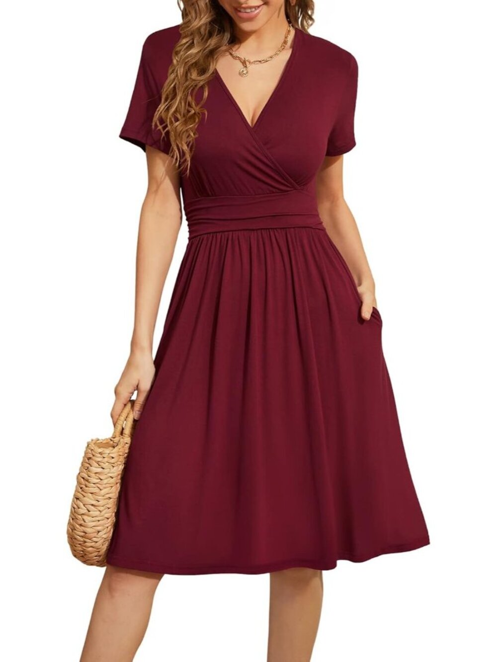 Women's Red Summer Short Sleeve Casual V-Neck Floral Party Dress with Pocket